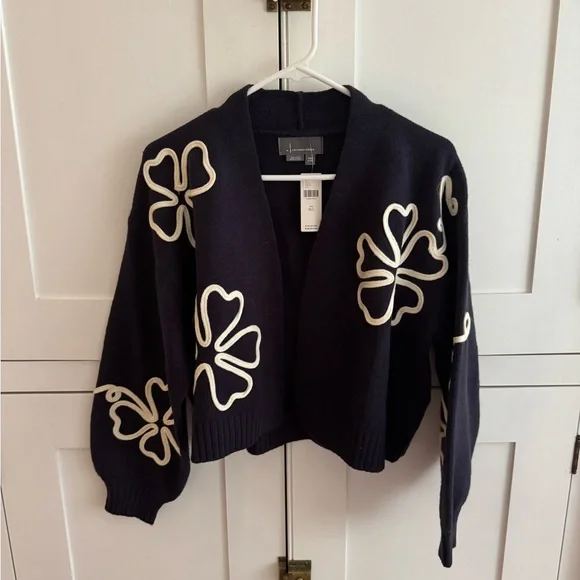 Anthropologie Dimensional Floral Crop Cardigan - Navy & White - Picture 3 of 5